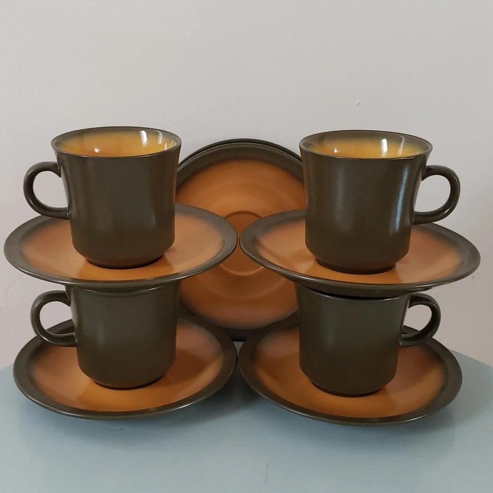 Premiere Nu Stone CANTELOPE 7606 Japan 70s Cups & Saucers Brown & Orange, VTG